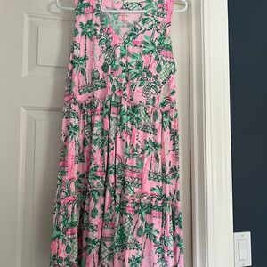 Lilly Pulitzer Pink and Green Tropical Print Midi Dress